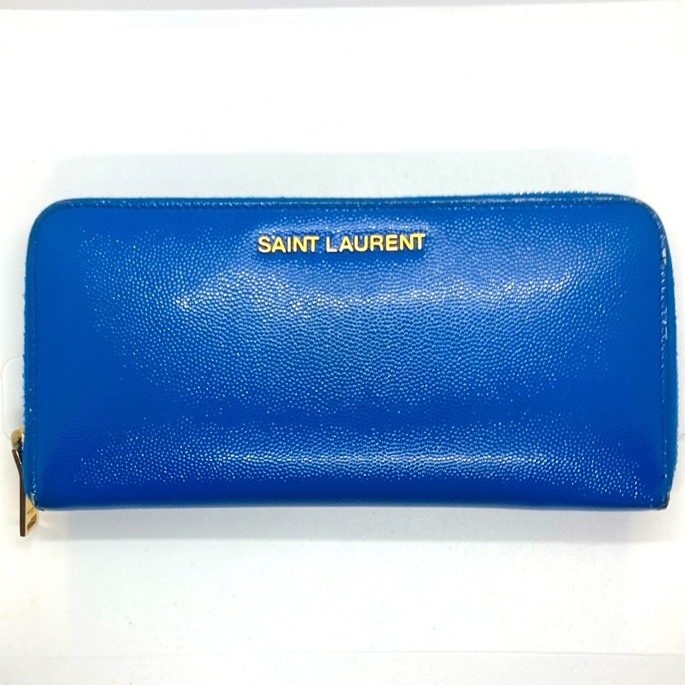 Yves Saint Laurent Rive Gauche Blue Leather Zip Around Wallet